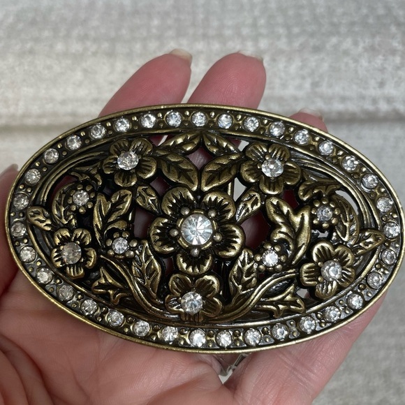Western Brass (?) Floral Rhinestone Open Work Cowgirl Vintage 90s Belt Buckle - Picture 5 of 8